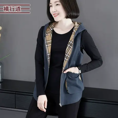 2025新款春装连帽印花拼格子宽松马甲无袖大码全棉小外套上衣女装商品大图