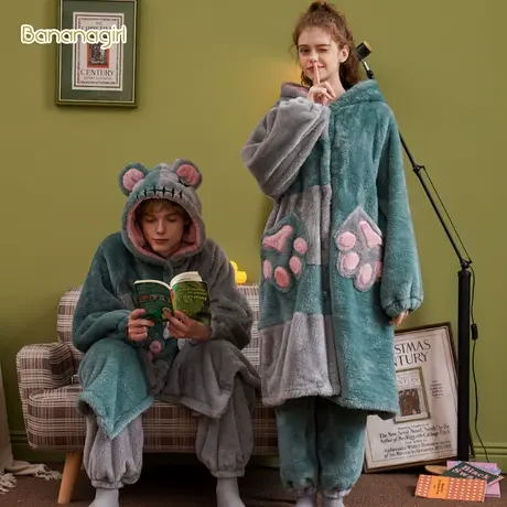 Bananagirl睡衣秋冬女珊瑚绒加厚加绒可爱情侣家居服男毛绒浴袍冬商品大图