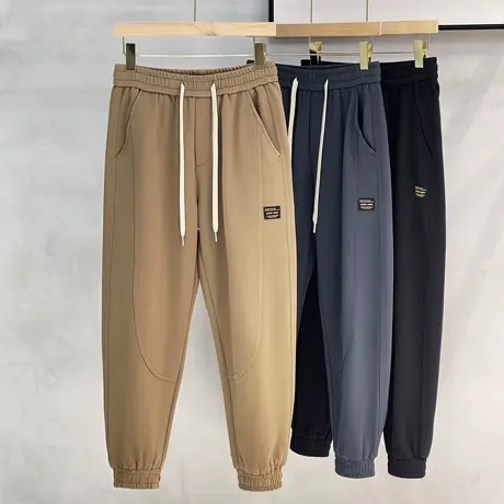 磨毛呢裤简约休闲裤男士束脚松紧腰2023冬季保暖呢子裤长裤子男装商品大图