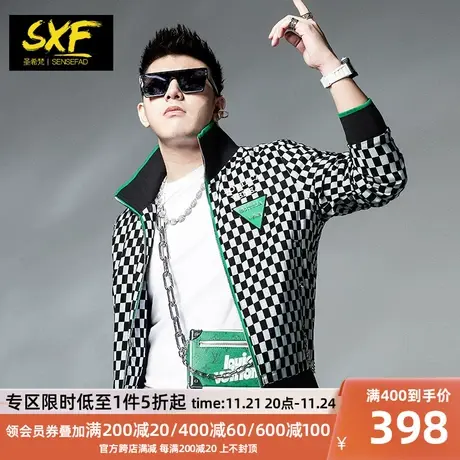SXF圣希梵男士外套 欧美潮牌棋盘格修身上衣服秋季新款翻领夹克男商品大图