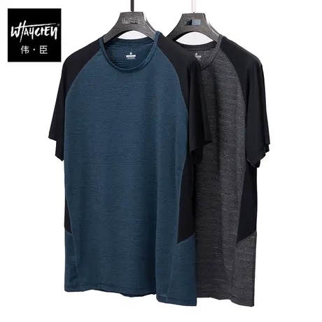 伟臣潮流大码男装插肩袖短袖T恤胖子加肥加大轻薄拼接圆领半袖T恤商品大图