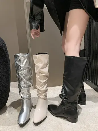 银色长筒靴女粗腿秋冬大筒围欧美西部堆堆靴低跟平底高筒骑士靴子图片