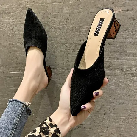 拖鞋女外穿2023春新款针织尖头中跟拖鞋懒人网红凉拖鞋包头半拖鞋商品大图