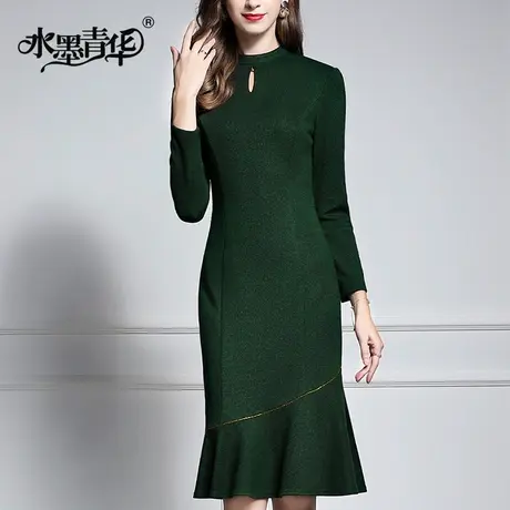 水墨青华冬装新品时尚女装气质优雅长袖修身鱼尾摆针织连衣裙图片