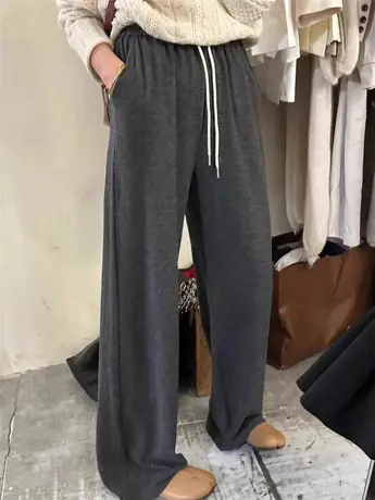 羊绒糯米裤女加绒冬欧洲站欧货小个子休闲直筒垂感显瘦阔腿拖地裤商品大图