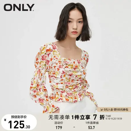 ONLY奥莱夏季短款修身方领印花荷叶边雪纺衫女商品大图
