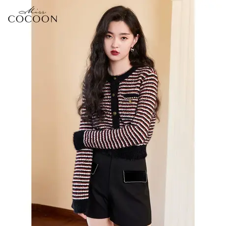 missCOCOON气质上衣女春2023新款撞色条纹圆领长袖毛针织衫短外套商品大图