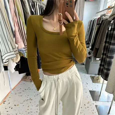 秋冬韩系纯欲方领修身长袖上衣显瘦内里磨毛女百搭纯色打底衫T恤商品大图