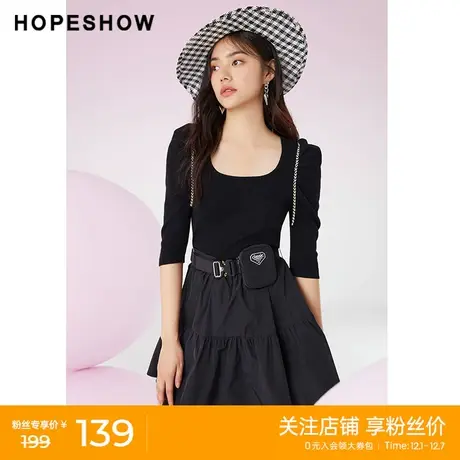 红袖outlets蓬蓬袖套头针织衫hopeshow春季新款女装修身显瘦毛衣图片