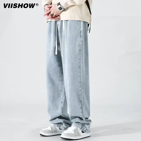 VIISHOW美式高街休闲裤子男士冬季新款直筒裤潮牌水洗浅色牛仔裤商品大图