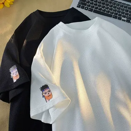 华夫格短袖t恤男夏季ins潮流简约印花半袖上衣服青年圆领潮牌体恤商品大图