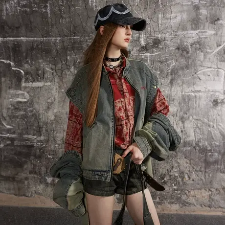 街头潮牌设计感可拆卸袖牛仔外套女2024春季新款拼接复古宽松夹克图片