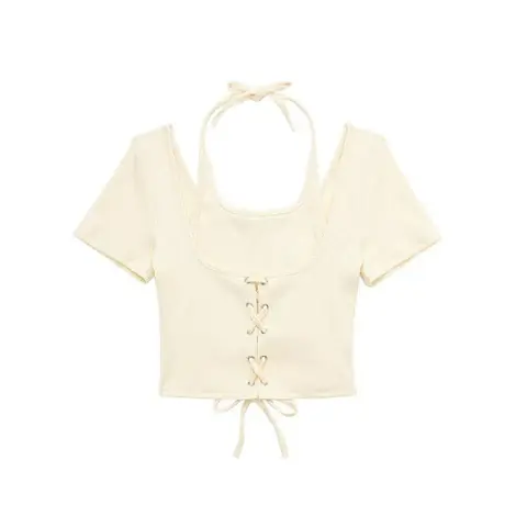 辣妹正肩针织短袖T恤女春秋2024新款短款小个子抽绳露脐性感上衣商品大图