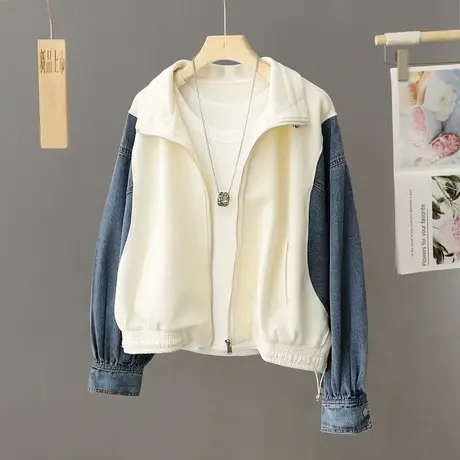 港风洋气减龄网红拼接牛仔短外套女装宽松潮百搭设计感炸街夹克衫图片