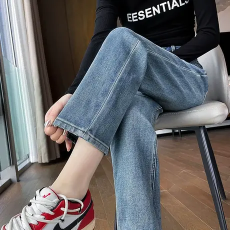 复古四面弹直筒牛仔裤女春秋季新款高腰窄版九分小个子法棍烟管裤商品大图