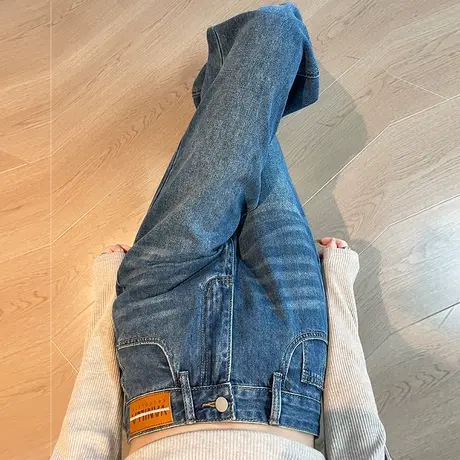 深色窄版阔腿牛仔裤女高腰宽松显瘦2024春款新款刺绣复古直筒裤子商品大图