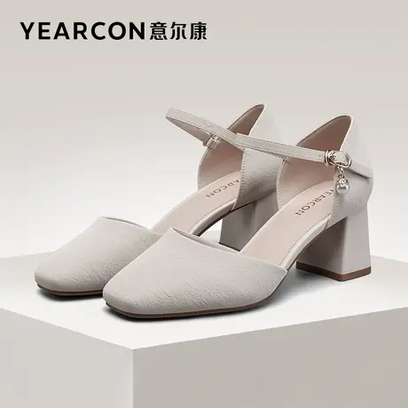 意尔康女鞋夏季包头凉鞋粗跟高跟方头外穿法式仙女风一字式扣带图片