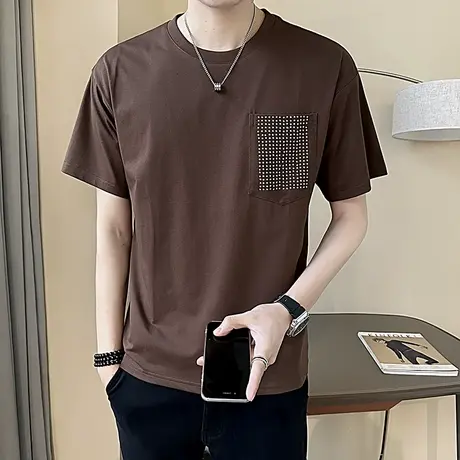 短袖T恤男夏季休闲百搭简约个性口袋上衣2024新款潮牌圆领半袖T恤商品大图