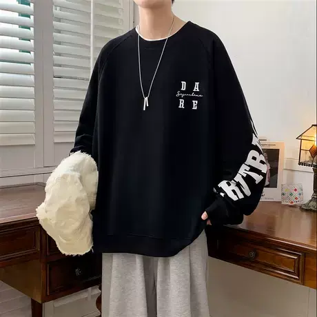 原创春秋季男士卫衣宽松刺绣印花套头圆领打底衫长袖T恤大码上衣图片