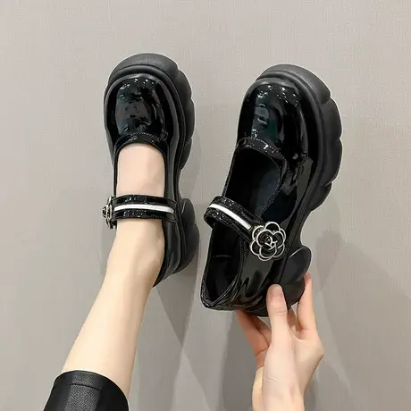 英伦风玛丽珍鞋女2024春夏季新款百搭浅口单鞋法式粗跟厚底小皮鞋商品大图