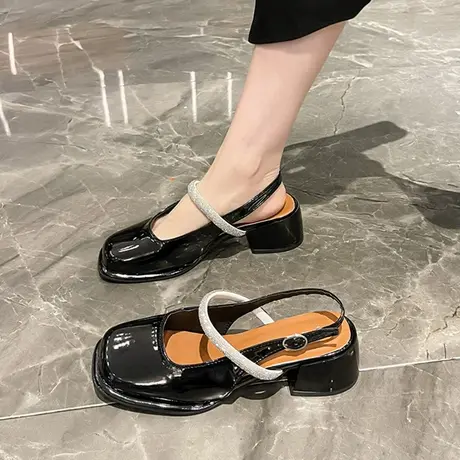 2024年新款水钻高跟玛丽珍鞋子女春夏季粗跟单鞋一字扣带包头凉鞋商品大图