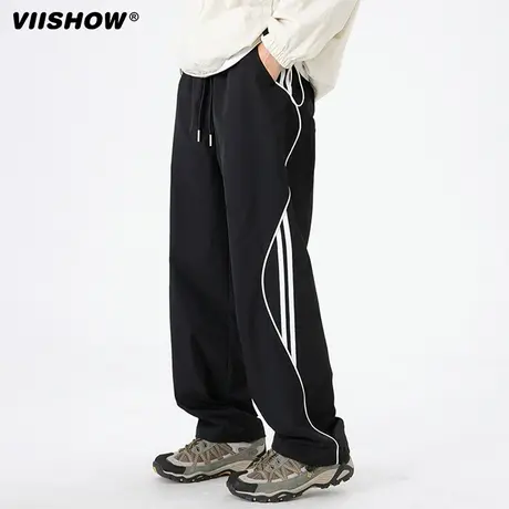 VIISHOW条纹休闲裤子男士春季新款宽松直筒冲锋裤运动阔腿工装裤商品大图
