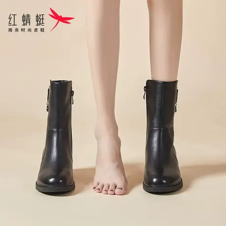 红蜻蜓秋冬季女鞋粗跟尖头中筒高跟鞋靴子加绒保暖女短靴真皮皮靴商品大图