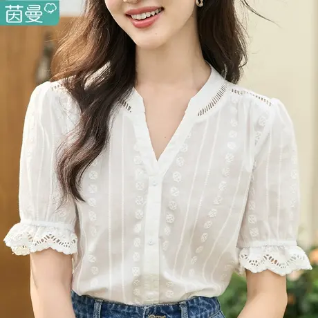 茵曼法式短袖衬衫女装2024年夏季新款小众别致奶甜系小个子上衣图片