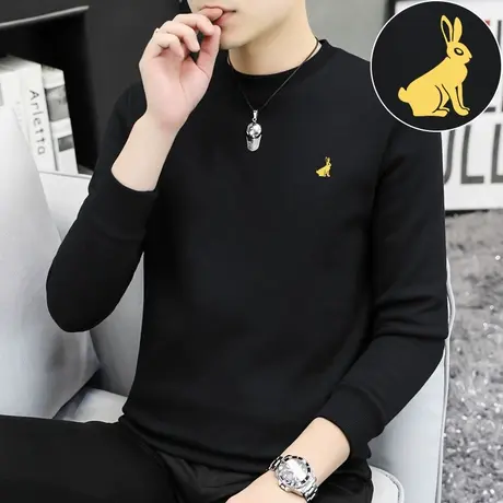 重磅纯棉t恤男长袖保暖加绒加厚摇粒绒打底衫兔年印花全棉秋衣服图片