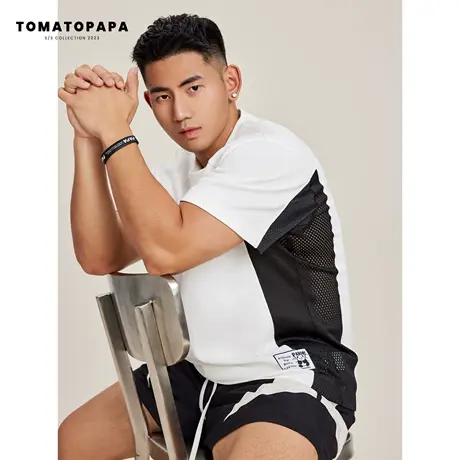 TOMATOPAPA原创网面T恤圆领透气网孔拼接棉体恤青年插肩撞色上衣商品大图