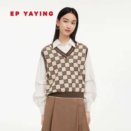 [牦牛绒]EP YAYING雅莹女装 棋盘格V领针织背心 商场同款9006A图片