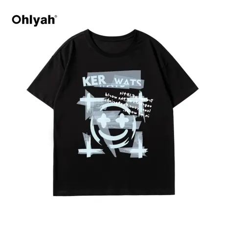 纯棉短袖t恤女英文笑脸宽松半袖2023年新款上衣团队公司logo定制图片