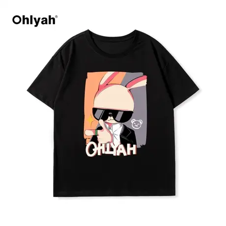 Ohlyah22夏季卡通黑眼镜手势兔子印花短袖中性圆领纯棉上衣T恤女图片