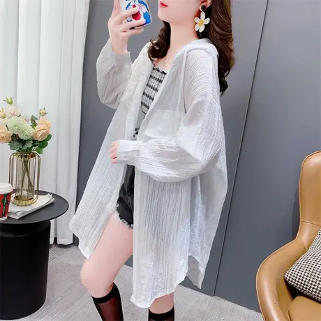 中长款连帽防晒衬衫女夏季2023年新款宽松薄款透气洋气空调衫外套商品大图