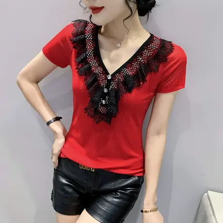女装2023新款性感网纱T恤短袖设计感小众荷叶边上衣洋气V领小衫夏商品大图
