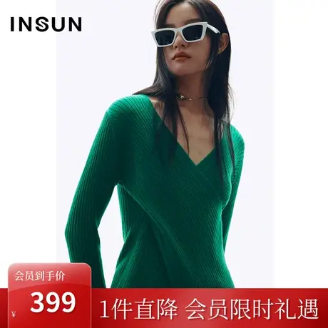 恩裳COVER初冬2022年显瘦坑条吸晴珠片纱V领收腰美丽诺羊毛衫商品大图