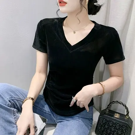 2023夏装新款性感V领丝绒T恤女短袖设计感小众洋气上衣修身小衫潮商品大图