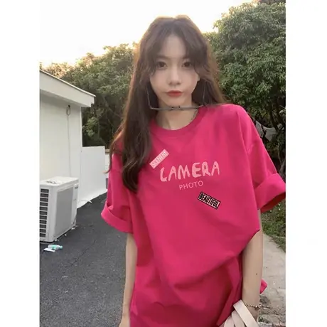 夏季新款i纯棉玫红色短袖t恤女ins潮学生宽松bf慵懒风纯棉中长款商品大图