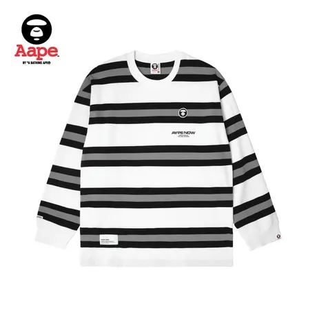Aape旗舰店男装秋冬猿颜徽章字母印花撞色条纹长袖T恤1371XXL商品大图