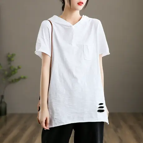 dza文艺复古破洞白色T恤女士短袖连帽内搭上衣纯棉新款春夏打底衫商品大图