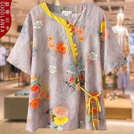 中老年人妈妈夏季花色小衫民族风印花丝麻短袖上衣中年女士T恤衫图片