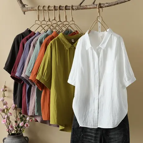 夏季韩版简约复古舒适双层纱纯棉白色短袖衬衫女宽松休闲半袖上衣商品大图