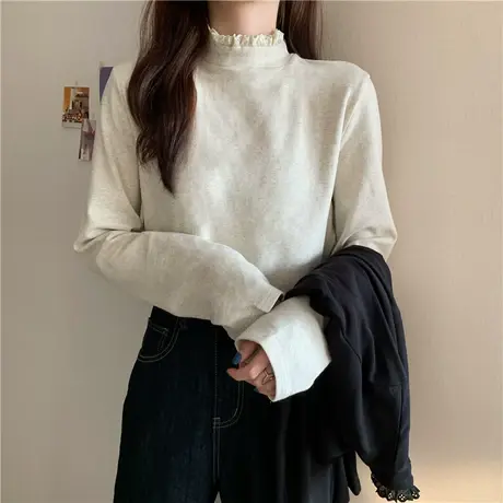 半高领蕾丝打底衫长袖t恤女秋冬季加绒加厚内搭设计感小众上衣服图片