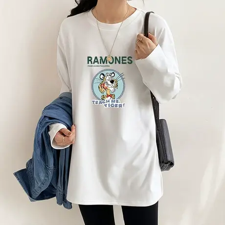 长袖打底衫女2022秋冬新款中长款圆领印花T恤宽松显瘦韩版上衣潮图片