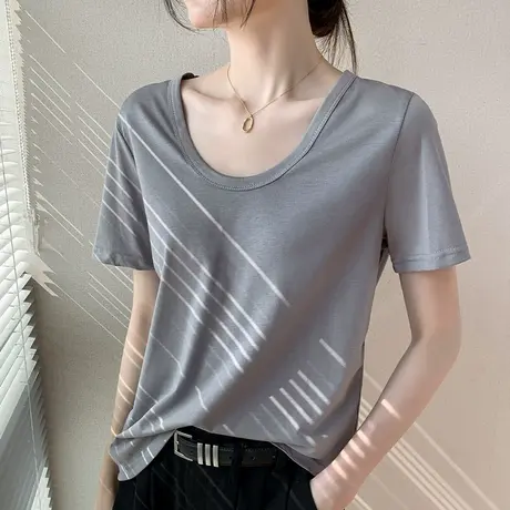 冰丝棉U领短袖T恤女2023夏季宽松韩版纯色百搭露锁骨正肩半袖上衣图片