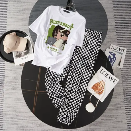 港风运动服套装跑步女2023新款夏季宽松短袖长裤小个子休闲两件套商品大图