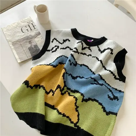 红续趣味卡通涂鸦撞色针织马甲背心女2023年新款日系古着秋季外穿商品大图