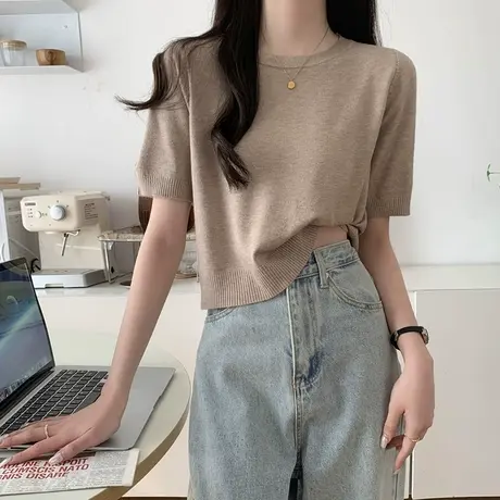圆领针织衫短袖t恤女2023新款ins潮牌春夏季宽松慵懒风早春上衣服图片