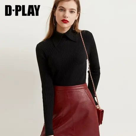 DPLAY德帕拉年早秋装品黑色衬衫领修身显瘦针织上衣打底衫女商品大图