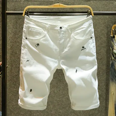 白色痞帅短裤男士韩版百搭牛仔休闲五分裤潮流时尚刺绣中裤外穿夏商品大图